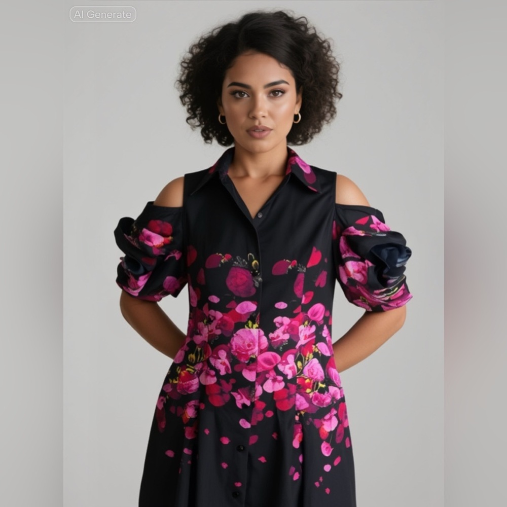 Samuel Dong  Floral midi dress open shoulder ruffle sleeves black and pink